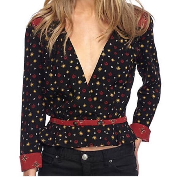 Free People Tops - Free People Where We Roam Black and Red Printed Cropped Blouse - Size S